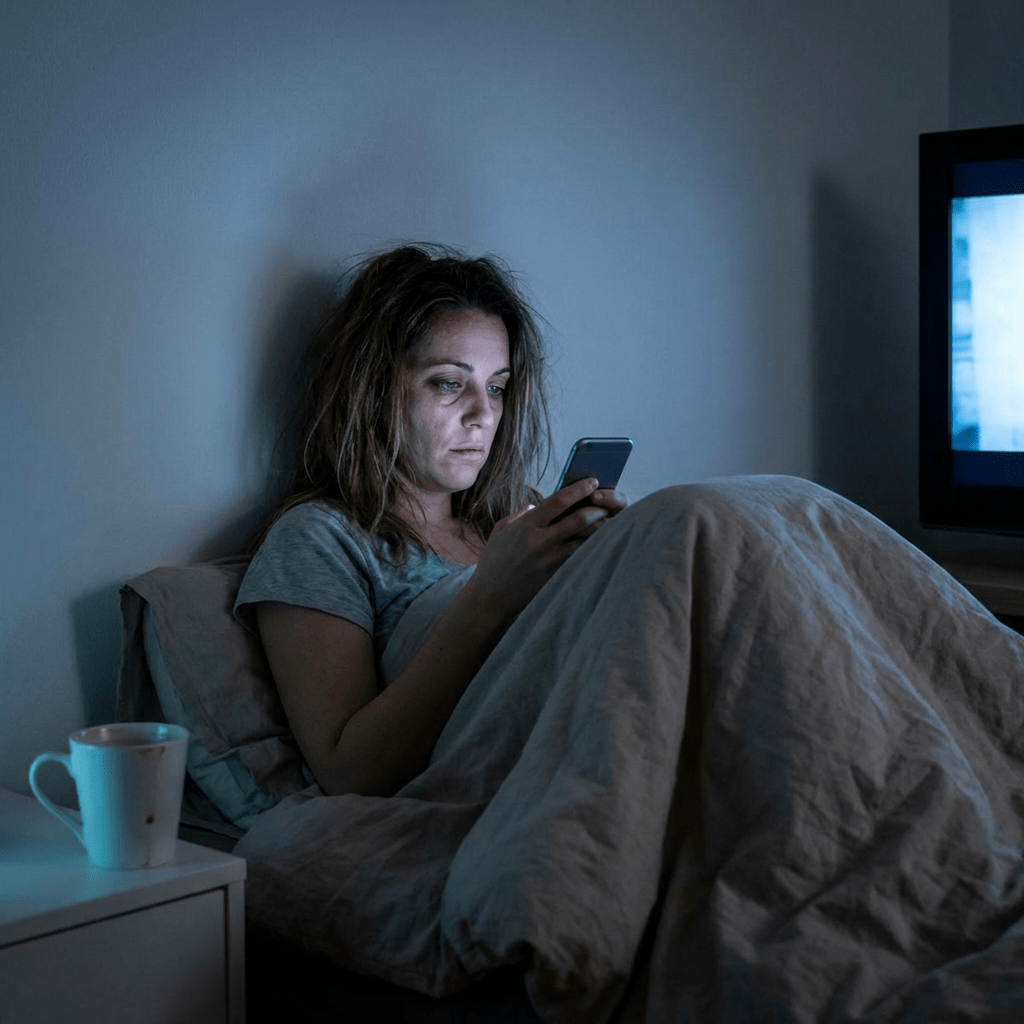 Exhausted woman lying in bed using a glowing smartphone in a dark room.